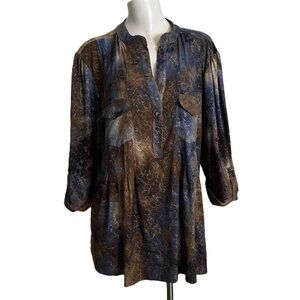 Vera Rose Top 2X Blue Blouse Pockets Pleats Flowy Earthy Boho V-Neck Henley